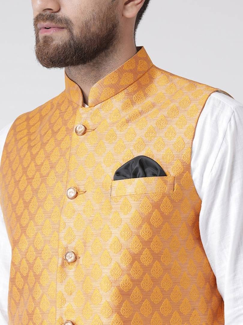 Men's Yellow 
Polyester
 Woven Design Nehru Jackets